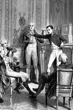 Discussion of the Napoleon to Monge. Gaspard Monge, Compte de Peluse. Scientist and mathematician. 1746-1818. Antique illustration. 1890.