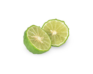 Cut in half of Fresh Bergamot fruits isolated on white background with clipping path.