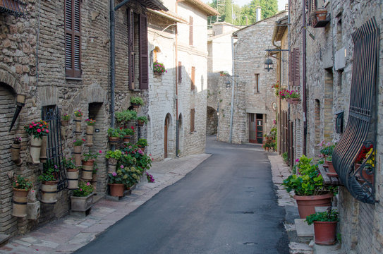 A Medieval Picturesque Street In Assisi, Italy.