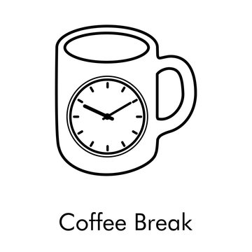 Logotipo Coffee Break. Icono plano lineal taza de café con reloj en color negro