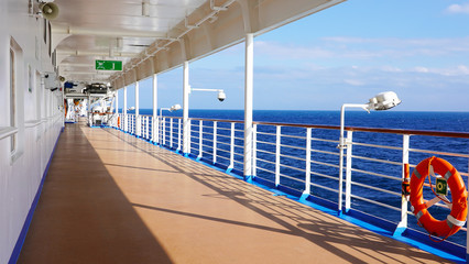 walk deck on a cruise ship. safety on the ship, lifeboat, liferafts, lifebuoys. liferaft station....
