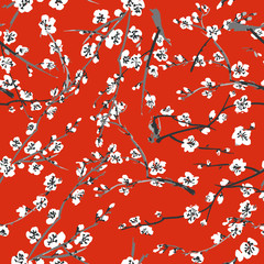 Vector Japanese sakura seamless pattern with white flowers on a red background. Background made without clipping mask
