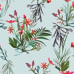 Seamless, romantic, bright floral pattern with bouquets of field plants. Elegant plants scattered randomly on a light background.Vector for fashion prints, textiles, wallpapers, tiles, wrapping paper.
