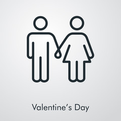 Día de san Valentín. Pareja tomados de la mano. Icono plano lineal hombre y mujer de la mano en fondo gris