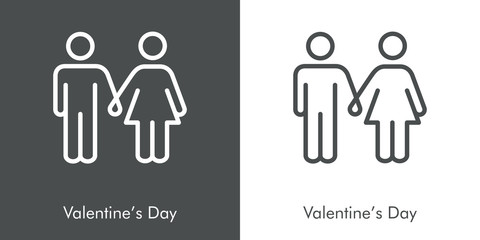 Día de san Valentín. Pareja tomados de la mano. Icono plano lineal hombre y mujer de la mano en fondo gris y fondo blanco © teracreonte