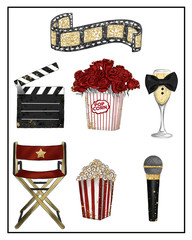 Movie night out - Cinema Illustration - Popcorn, microphone, roses, director board 