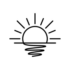 Icono plano lineal sol naciente con reflejo en el mar en color negro