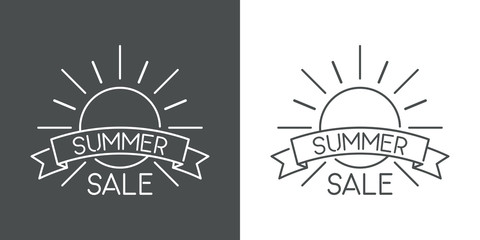 Logotipo lineal sol con texto SUMMER SALE en cinta en fondo gris y fondo blanco © teracreonte