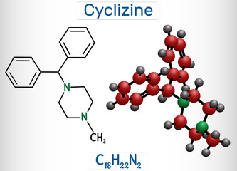 Cyclizine molecule. It is histamine H1 antagonist, is used to treat or prevent motion sickness and nausea. Structural chemical formula and molecule model - obrazy, fototapety, plakaty