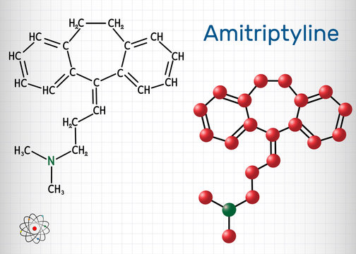 Amitriptyline molecule. It is tricyclic antidepressant TCA with analgesic properties, is used to treat depression and neuropathic pain. Structural chemical formula and molecule model. 