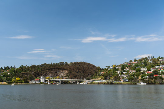 Launceston, Tasmania - January 3rd 2020: Views across River Tamar towards Penny Royal (centre left) and Trevallyn (right).