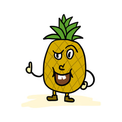 Doodle drawing of cartoon pineapple character with funny face expression. Hand drawn vector illustration isolated on white background.
