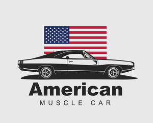 American muscle car vector. Supercar garage logo template. Old auto silhouette label.