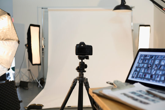 Photography Equipment And Laptop Ready For Photo Shoot In Studio