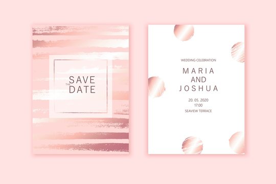 Luxury wedding invitation cards with rose gold texture. Soft pink pale color design. Modern minimal style.