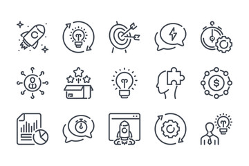 Startup related line icon set. Creative idea linear icons. Launch of the project outline vector sign collection.