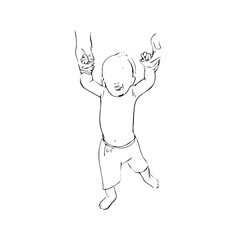 Outline sketch of walking baby. First steps of baby.