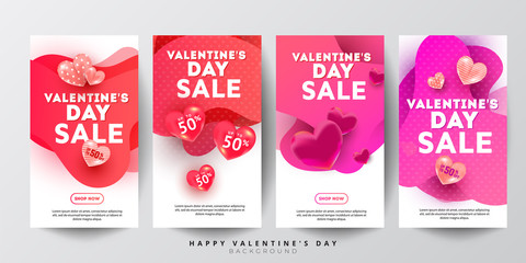Valentines day sale story collection concept with liquid gradient color shape and heart decor on a white background. Copyspace, minimal style
