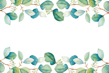  Watercolor eucalyptus leaf  frame. Floristic design elements for floristics. Hand drawn...