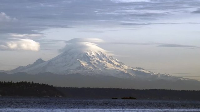 evening light shining on mount rainier