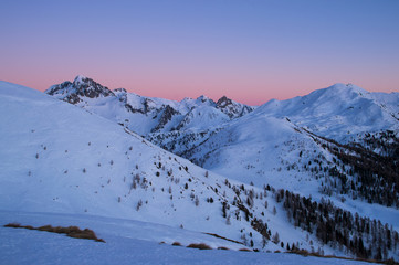 Snow mountain landscape at sunset