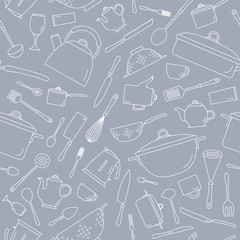 Kitchen dinnerware background - Vector seamless pattern of knife, plate, spoon, fork, cup, kettle, saucepan, mug and ladle for graphic design