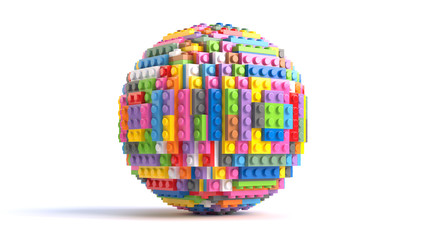 Colored toy bricks in form of sphere isolated on white background