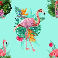 Beautiful seamless vector floral summer pattern background with tropical palm leaves, flamingo, hibiscus.