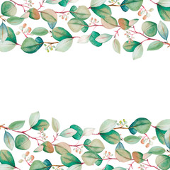  Watercolor eucalyptus leaf  frame. Floristic design elements for floristics. Hand drawn illustration. Greeting card. Floral print. Plant painted background. For postcards, greetings, cards, logo. 