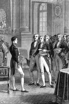 Louis de Fontanes congratulating Napoleon on the occasion of the termiination of the civil code. Antique illustration. 1890.