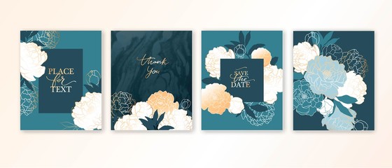 Elegant luxury card template with flowers, peonies and marble texture. © olechkaart