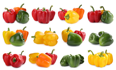 Set of different ripe bell peppers on white background