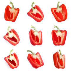 Set of cut ripe red bell peppers on white background