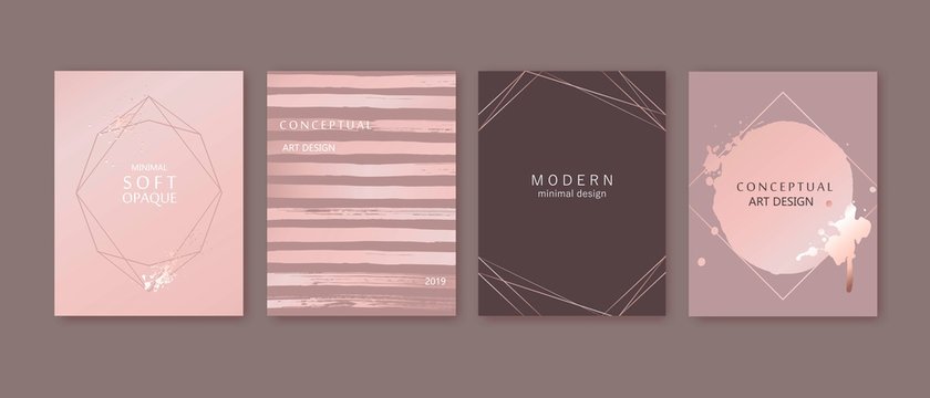 Modern card design. Hand drawn background. Gold, pink brochure, flyer, invitation template.