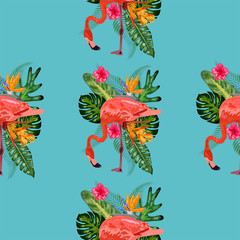 Summer background of hand drawn flamingo and palms. Tropical seamless texture.