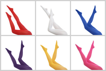 Collage of women wearing different colorful tights on white background, closeup
