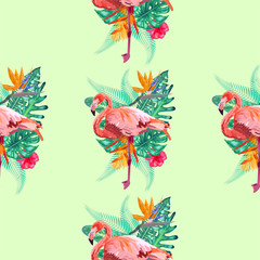 Tropical bird pink flamingo and flowers hibiscus, frangipani, orchid. Seamless pattern