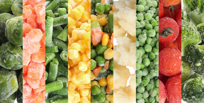 Collage with different frozen vegetables as background, top view
