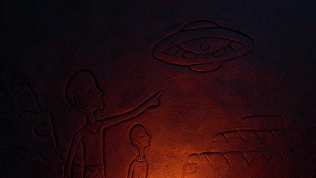 UFO Above Ancient City Carving In Fire Glow
