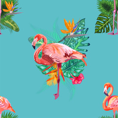 Beautiful seamless vector floral pattern background with pink flamingos, tropical flowers.