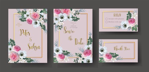 Set of Wedding invitation Card with pink roses flower on gold frame vector illustration