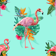 cute pastel pattern with flamingos, monstera and palm leaves. notebook cover, textile, greeting cards and party invitations