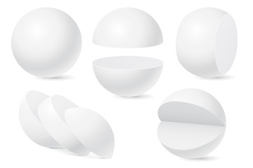 Sphere set. Whole and cut in pieces. White templates - obrazy, fototapety, plakaty