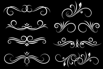 Vintage floral dividers. Ornamental decorations on black background