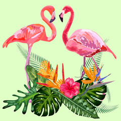Decorated with exotic rain forest jungle palm tree monstera leaves and couple of pink flamingo birds.