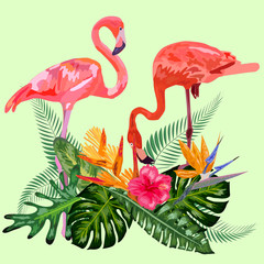 Naklejka premium Decorated with exotic rain forest jungle palm tree monstera leaves and couple of pink flamingo birds.