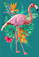 Tropical Flowers Background. Summer Design. Flamingo. T-shirt Fashion Graphic. Exotic.