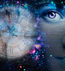 Female artistic portrait and watch in outer space