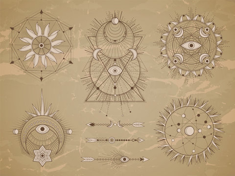 Vector Set Of Sacred Symbols With Moon, Eye, Sun And Geometric Figures On Old Paper Background. Abstract Mystic Signs Collection.