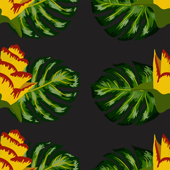 Fototapeta na wymiar Summer seamless tropical pattern with bright yellow and pink plants and leaves.